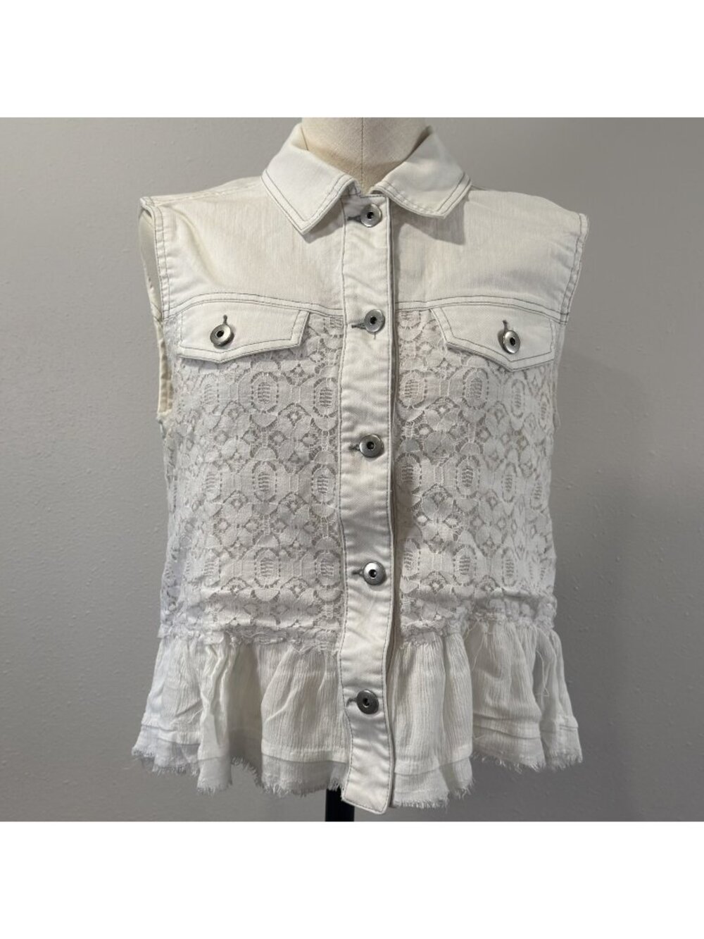 Baccini Denim Vest Womens M White Peplum Collared Button Front  Lace Ruffled Hem